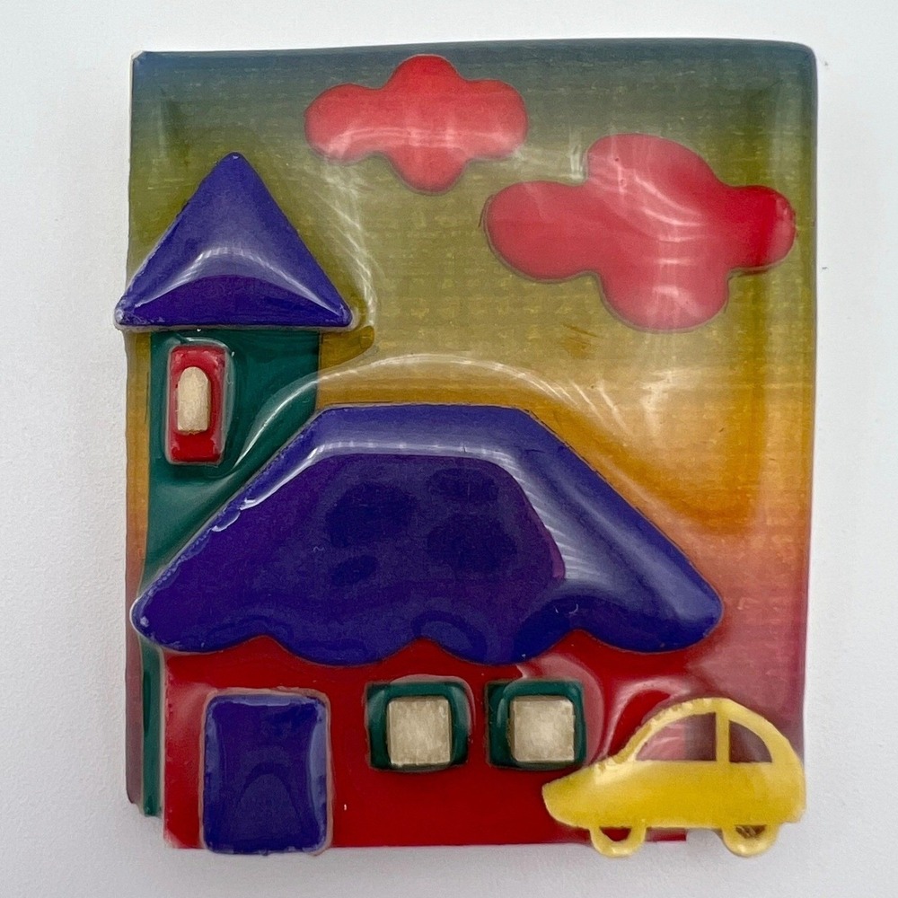 Lucinda House Pins Resin‎ Brooch Rainbow Sunset Night Whimsical Yellow Car Vtg